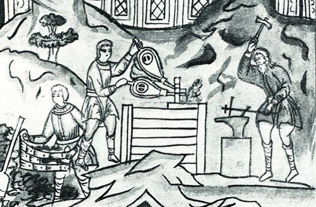 Файл:Производство железа на Руси. Миниатюра из Никоновской летописи, XVII век.jpg
