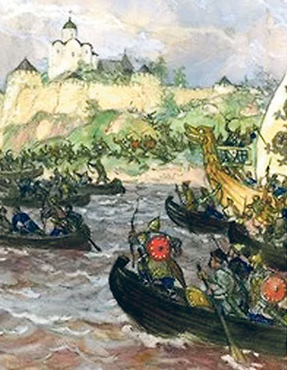 Файл:Сражение новгородцев со шведами у крепости Ладога в 1164 году. Худ. Н. Кочергин (фрагмент).jpg