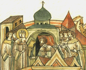 Файл:Митрополит Пётр посвящает Давида в архиепископы новгородские (фрагмент миниатюры ЛЛС, с правками).jpg