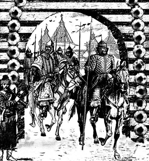 Файл:Курские воины выезжают из ворот Пятницкой башни. XVII век. Рисунок В. Крюкова.jpg