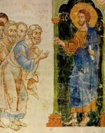 Христос с апостолами. Фрагмент миниатюры Сийского Евангелия 1340 г. (древнейшая известная рукописная книга московского производства)