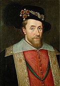Portrait of James I of England wearing the jewel called the Three Brothers in his hat.jpg